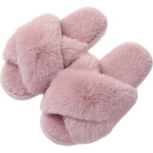 Women's Pink Fuzzy Cross Band Memory Foam Open-Toe House Slippers